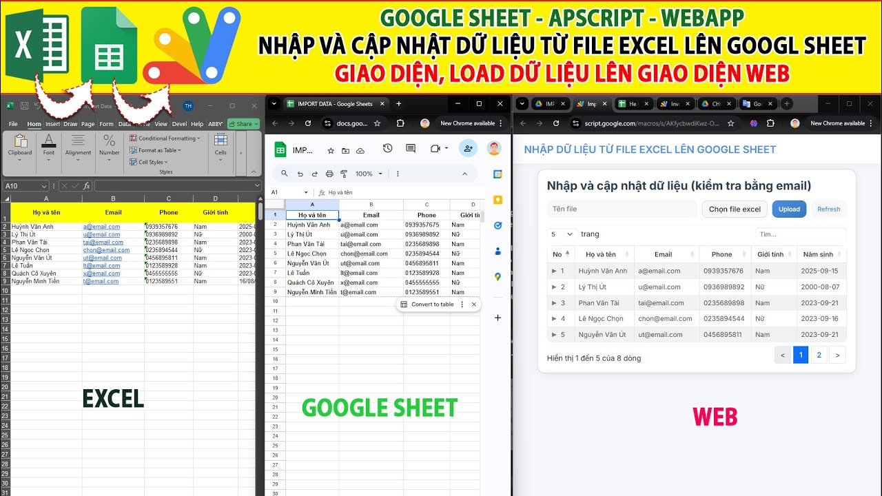 Tạo webapp import v&agrave; update dữ liệu từ Excel l&ecirc;n Google sheet c&oacute; Load bảng Table l&ecirc;n nền tảng web