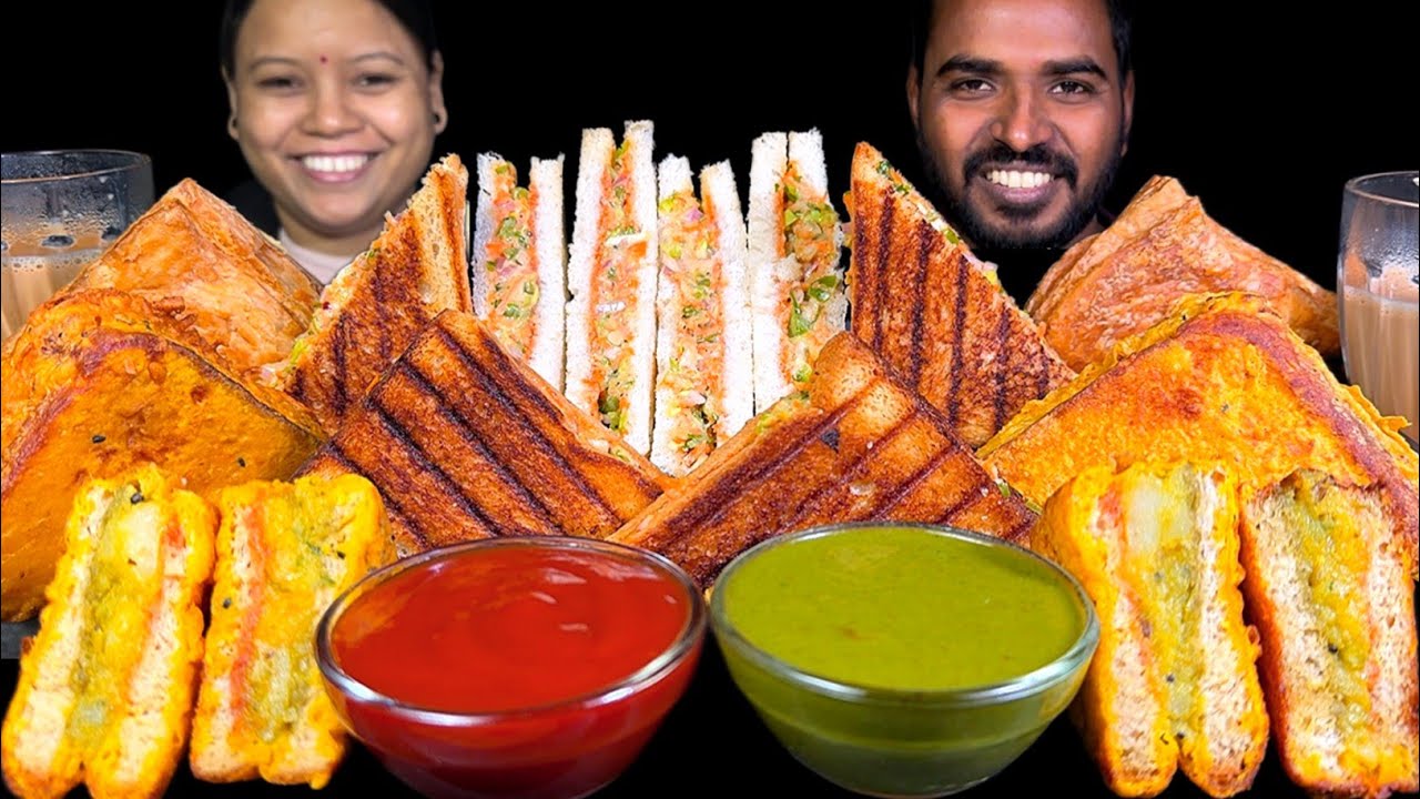 Sandwich Bread Pakora Veg Patties Chai & Chutney Eating Show