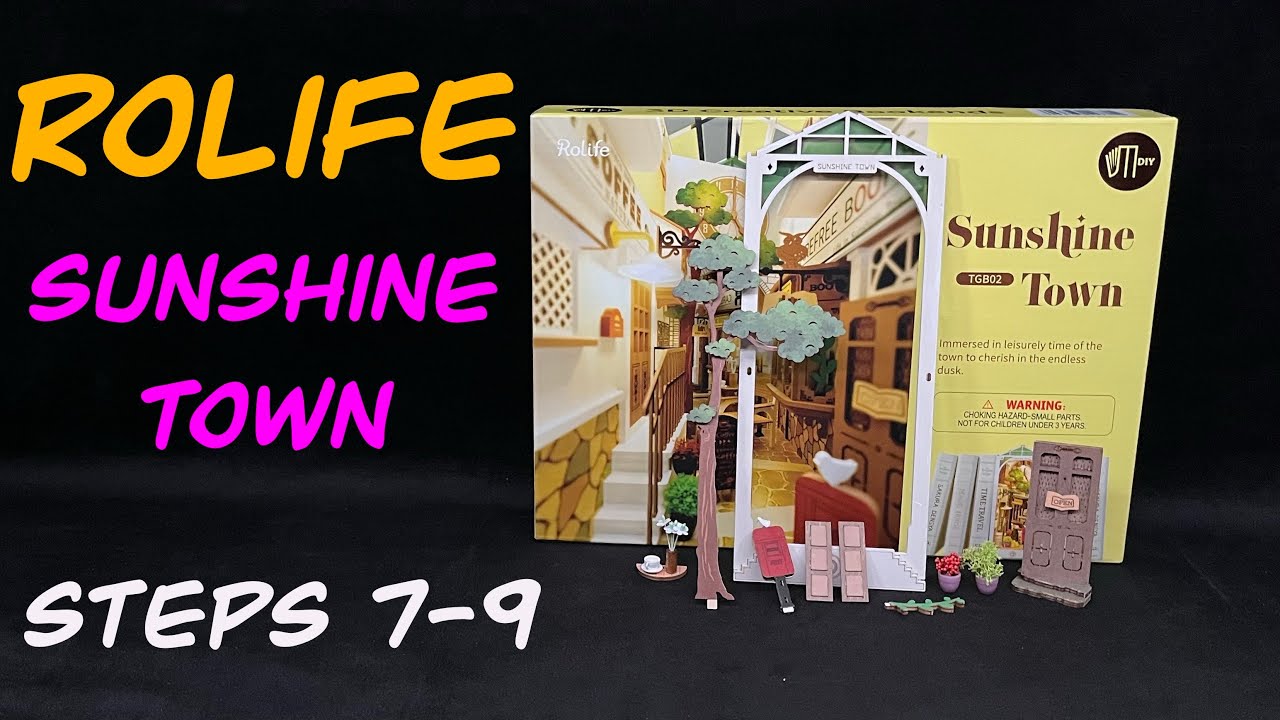 Сборка книжного уголка Rolife Sunshine Town — шаги 7–9