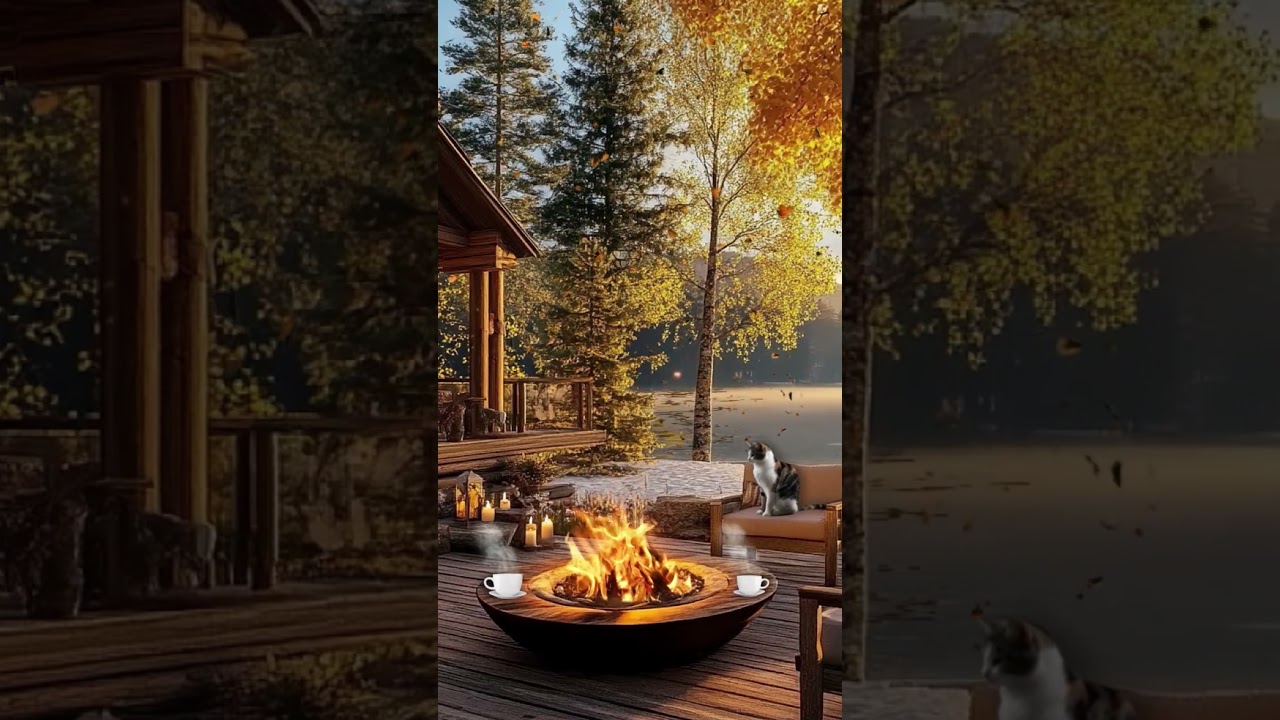 Crackling Fireplace with Smooth Jazz Instrumental in Cozy Fall Porch 