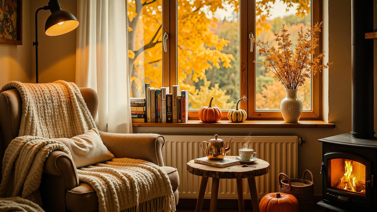 Cozy Autumn Study Nook 🍂 Fireplace Jazz Piano Ambience for Reading & Focus