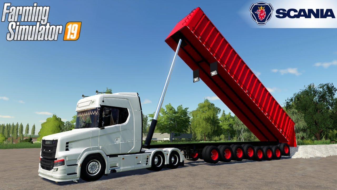 Farming Simulator 19 - SCANIA S730T And Oversized Trailer 8 Axle Unloads The Stone