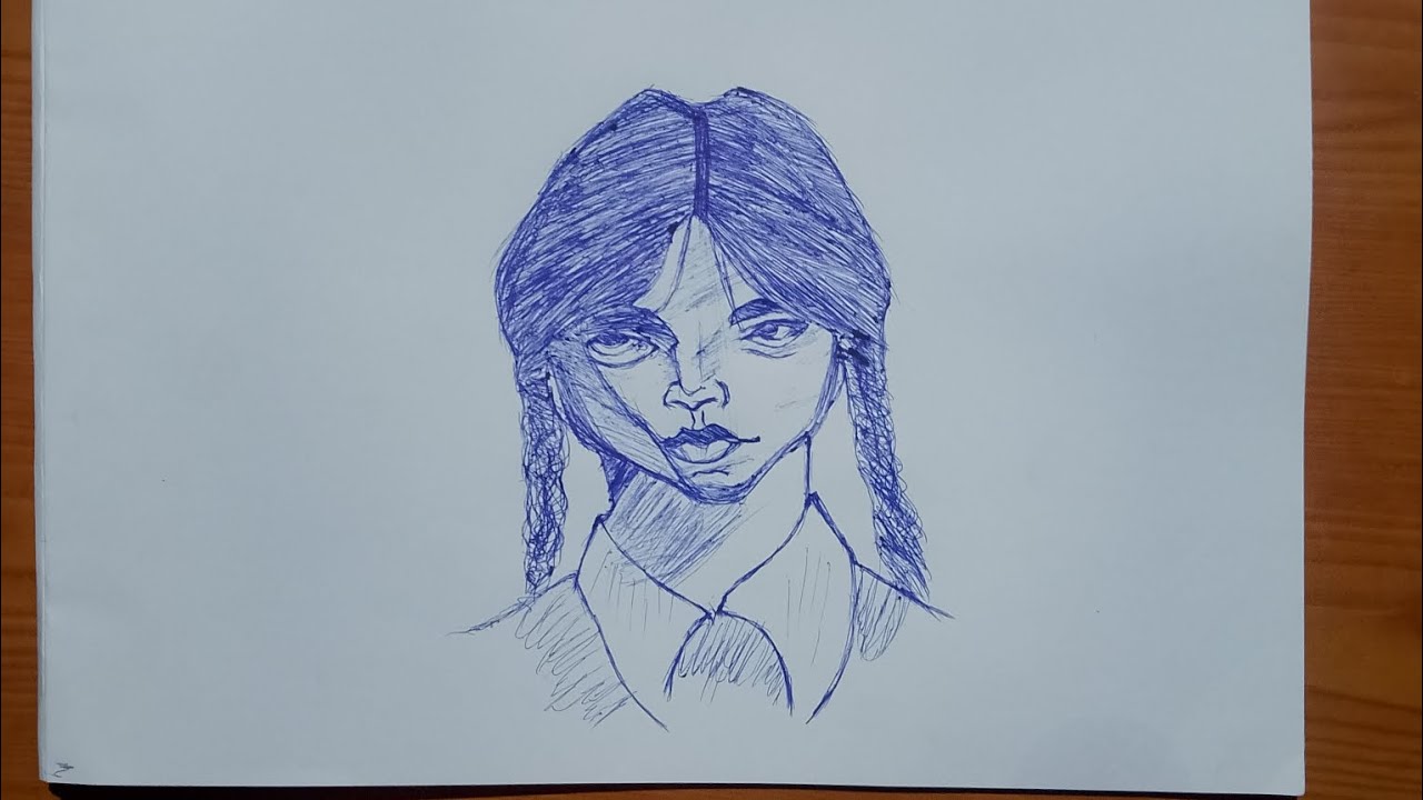 “Wednesday Addams Inspired Sketch in Blue Pen 💙🔥”