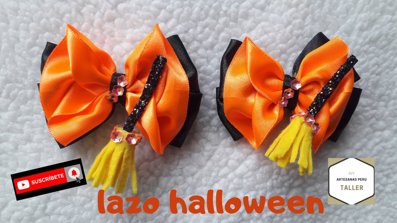 Gran idea de lazos Halloween con escobita - DIY moños Halloween con cinta satinada de 4cm