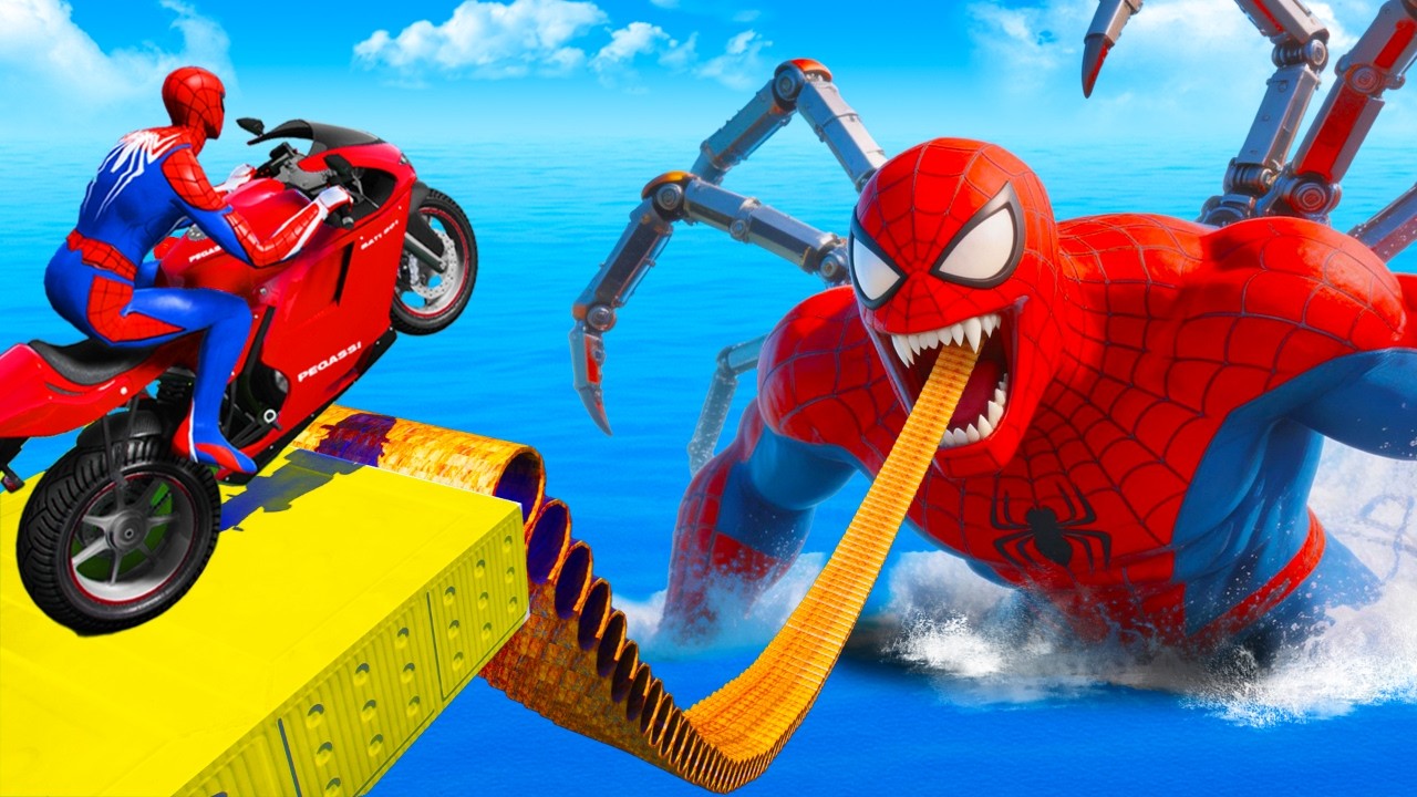 SUPERHEROES On A Motorcycle Ride Over The Sea Along Spidey Bridge GTA 5 Spider-Man Funny Moments