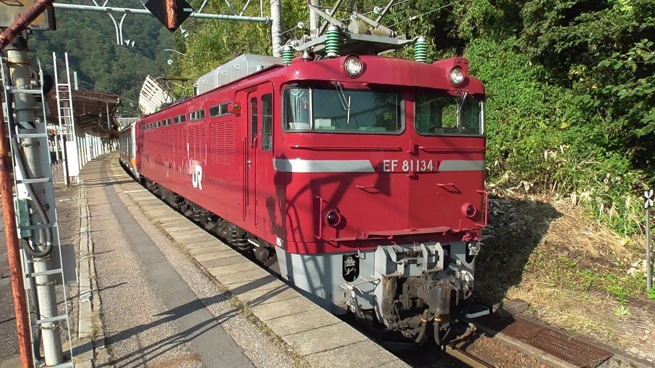 2019年10月2日 上越国境の山峡に汽笛を響かせて 上越線 水上駅を発車する EF81 134＋E231系 MU38編成 配給列車