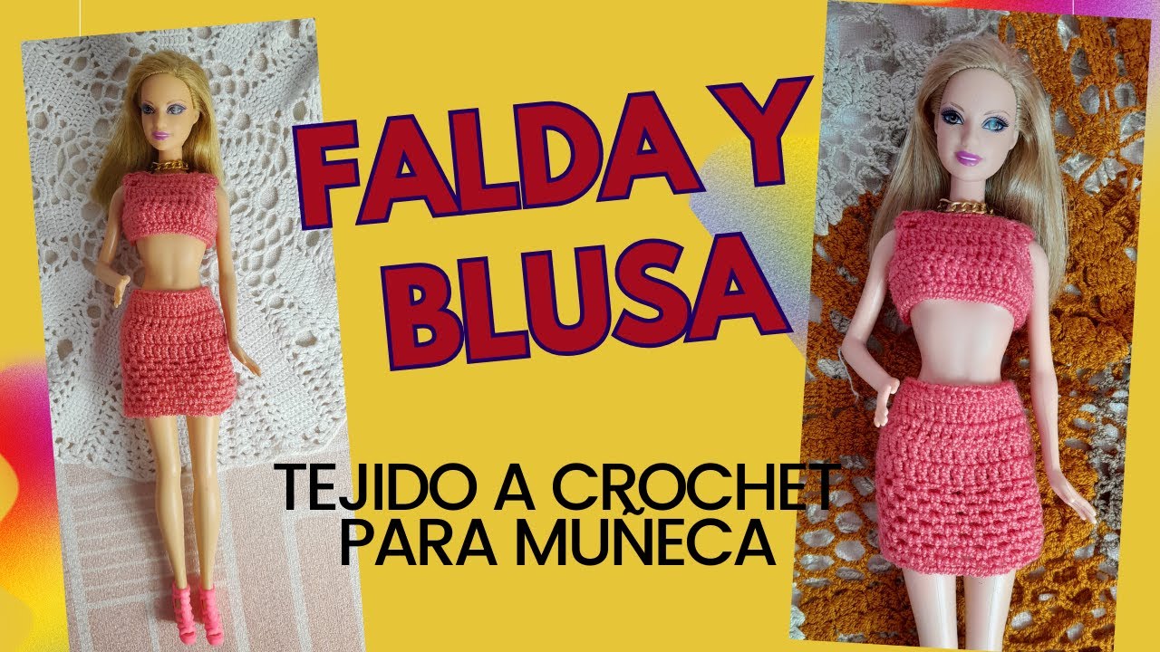 Como hacer una Blusa y Falda Corta Tejida a Crochet para Muñeca paso a paso.