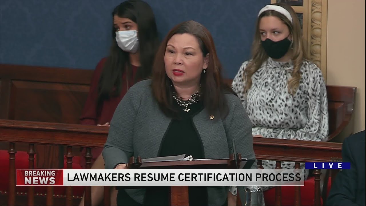 US Senator Tammy Duckworth speaks after Congress returns to certify the 2020 election