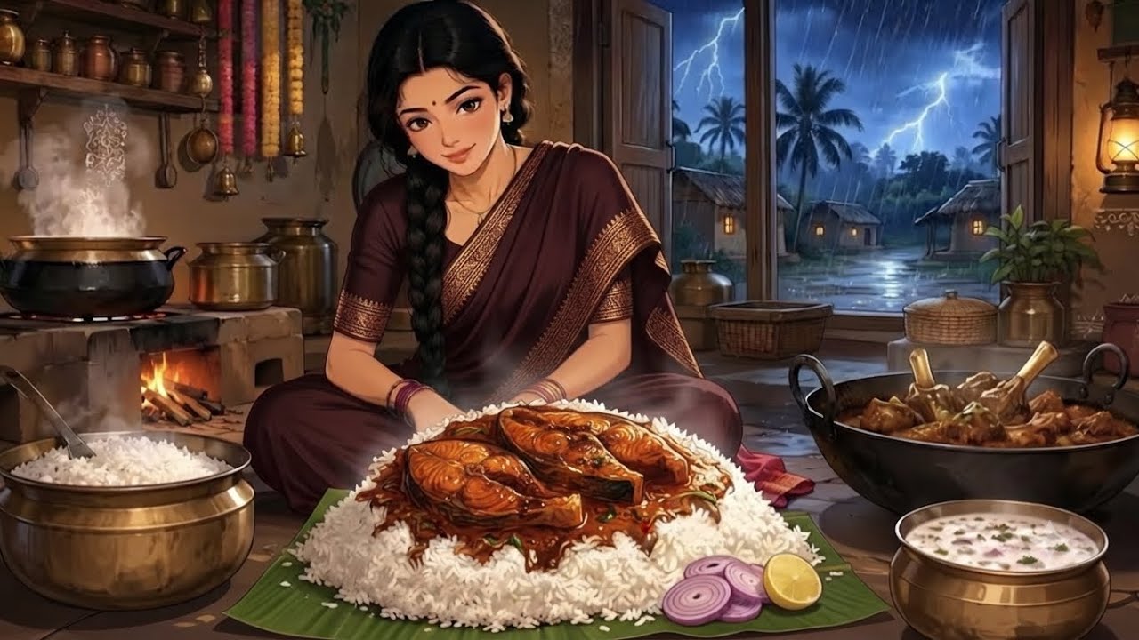 🌧️ A Peaceful Rainy Day in 1990s Indian Village Life | Fresh Fish Curry | Ghibli  Village l ASMR