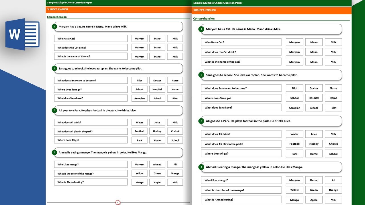 How to Create Comprehension MCQs Question paper || MCQs Booklet in ms word 2019 for Primary school