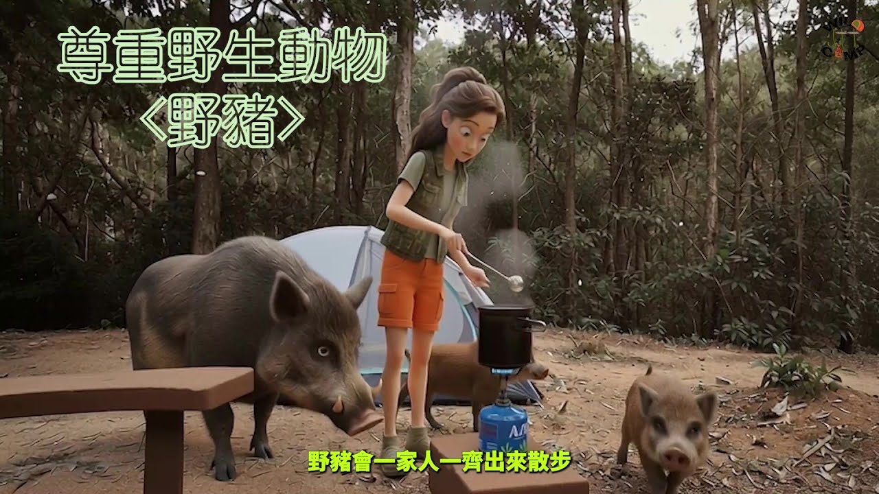 尊重野生動物 ~ 野豬 | 郊野的營地可能會有野豬出沒 | 野豬一家人出來散步 | 千萬不要餵野豬 | 未吃的食物放入密封的容器裡面保存