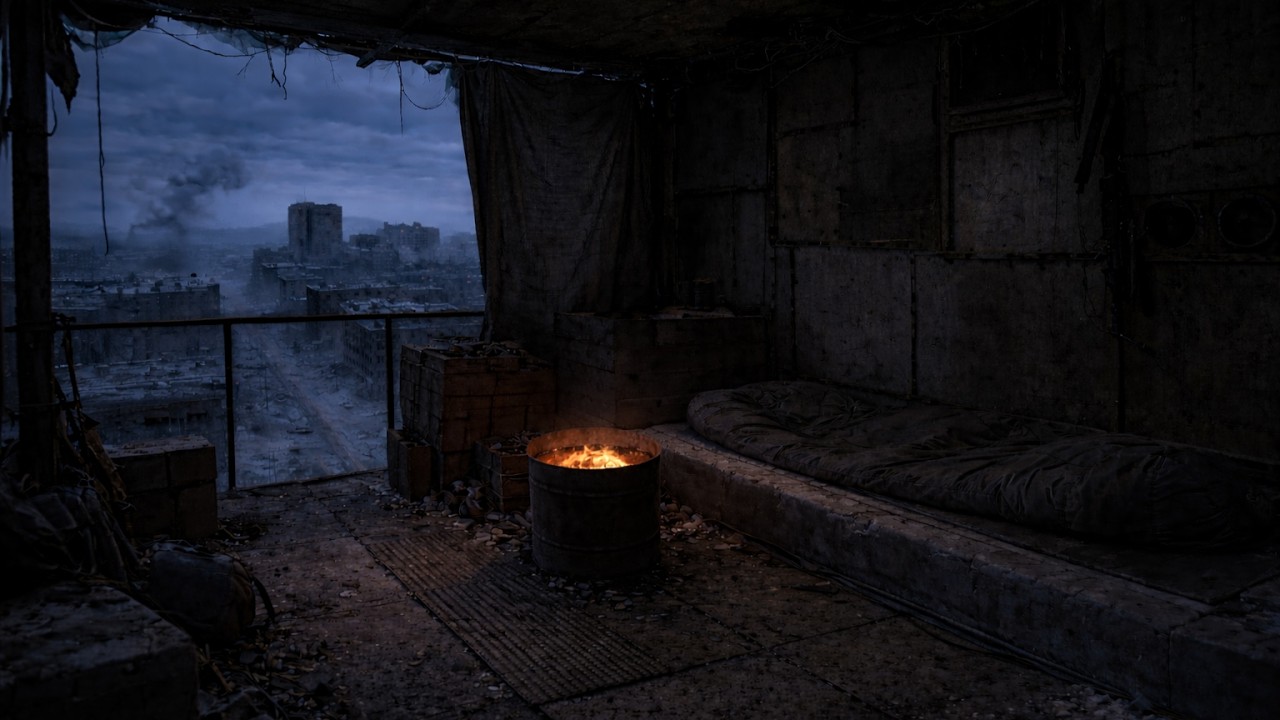 Watchtower Outpost Interior – Post-Apocalyptic Fire Ambient for Sleep | Silent Afterfall