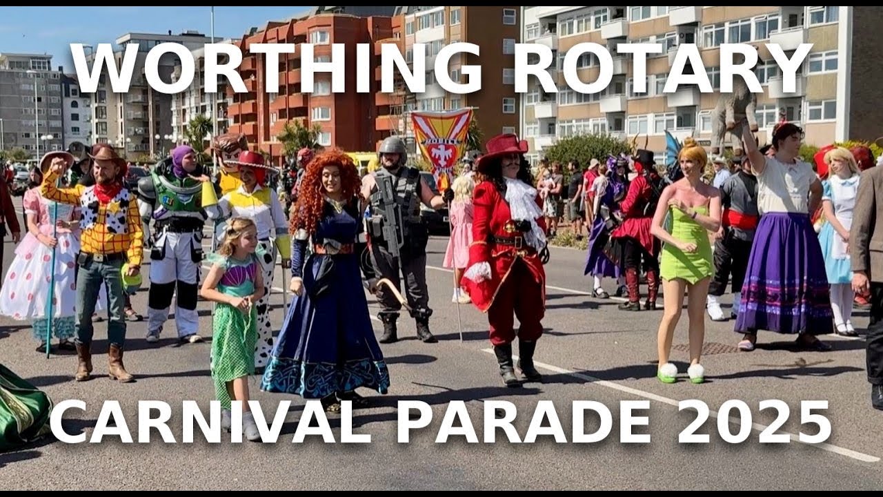 Worthing Rotary Carnival Parade 2025. Sunny August Bank Holiday, with Cosplay, Floats, Dance, Cars