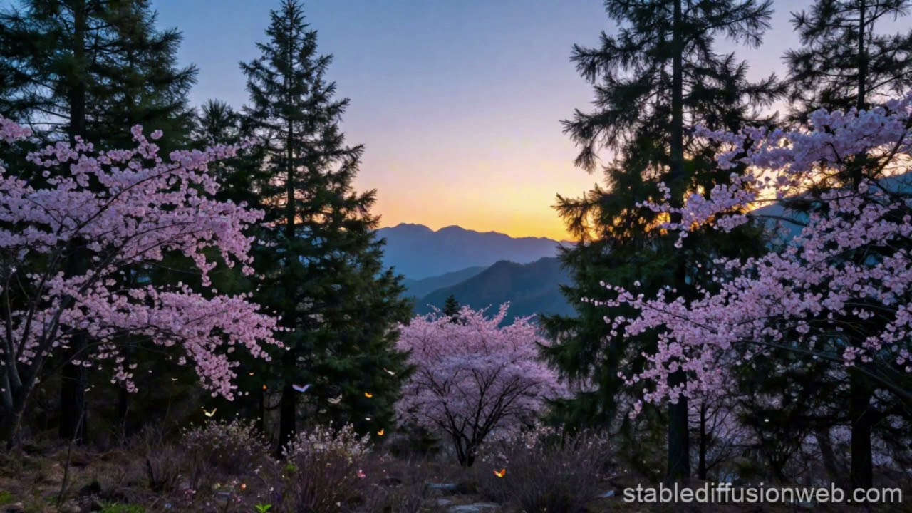 Almost Dawn 🌄 Mountain Forest Ambience with Cherry Blossoms & Butterflies | 1.5 Hours (4K)