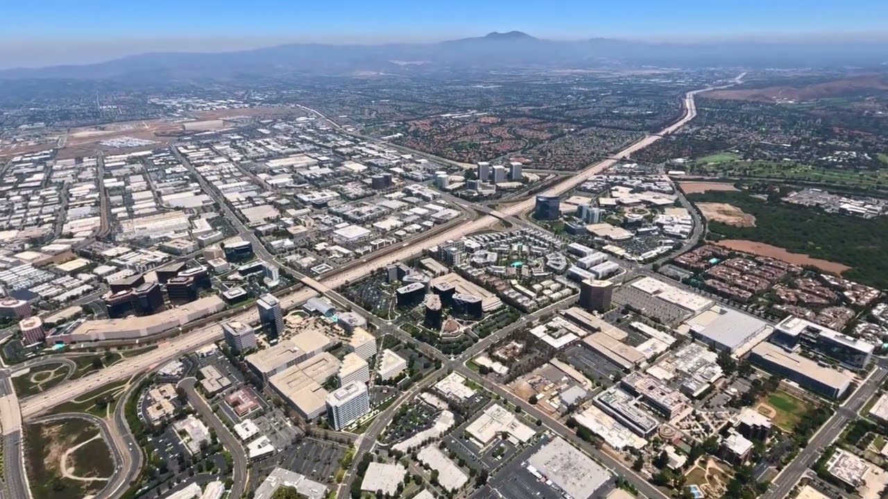 The Irvine Business Complex, John Wayne Airport, Orange County CA, Aerial Video from an airplane