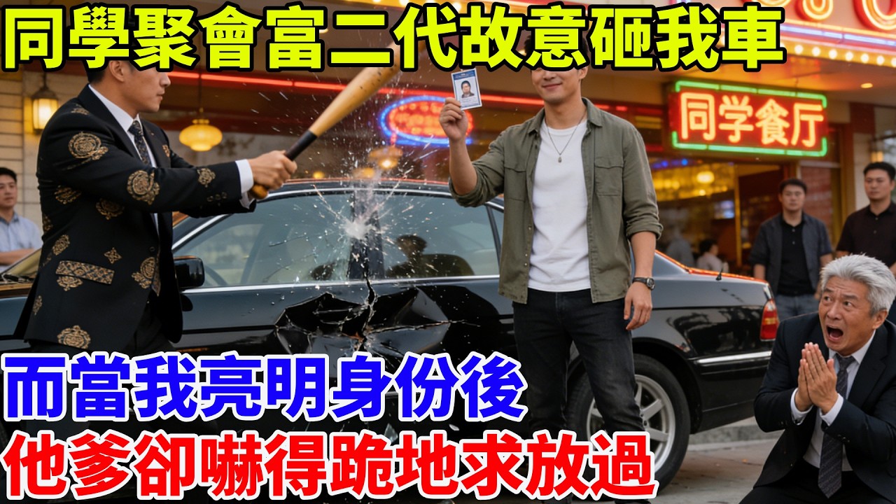 同學聚會富二代炫耀有錢故意砸我車，而當我亮明身份後，他爹卻嚇得跪地求放過。#故事#故事頻道#情感故事