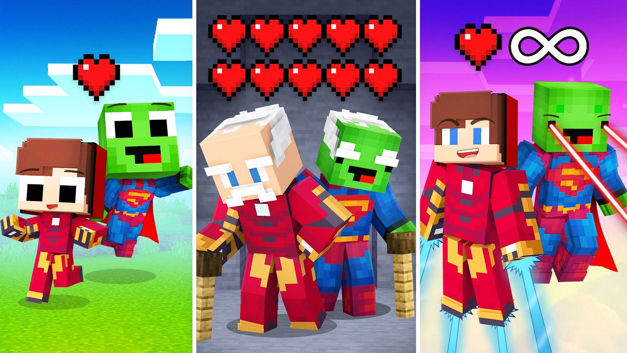 SuperHeroes Baby JJ and Mikey from BIRTH to IMMORTAL Challenge in Minecraft - Maizen