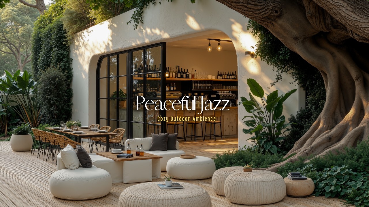 Тропическое Кафе Во Внутреннем Дворике И Расслабляющая Джазовая Музыка Для Спокойствия | Умиротво...