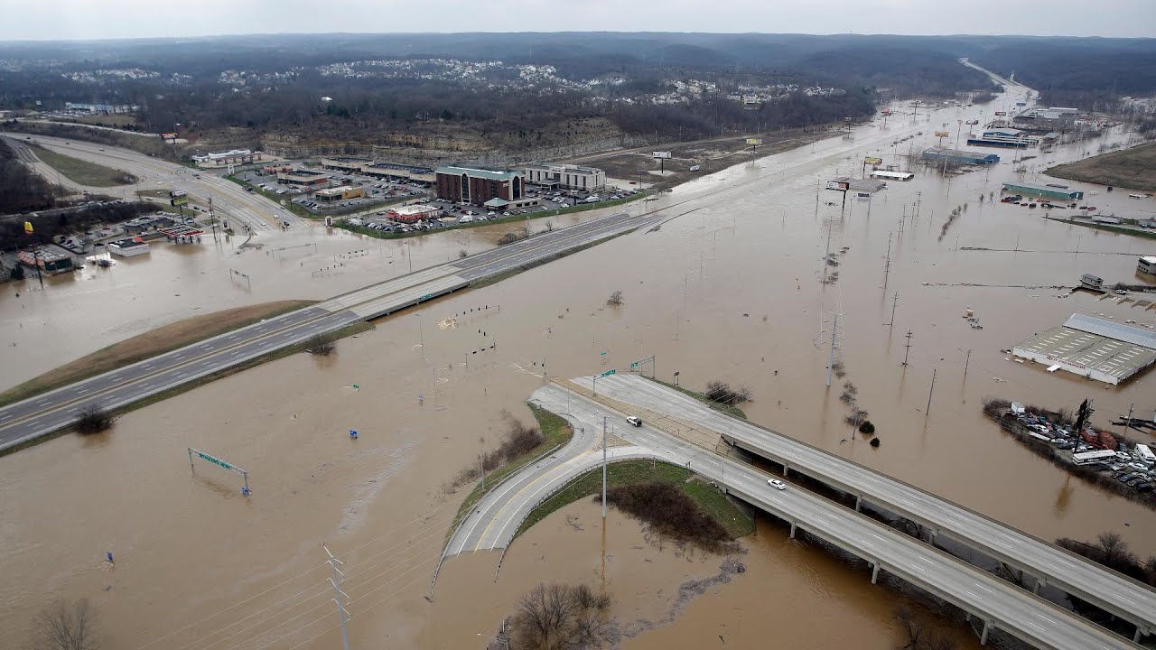 Aerial footage shows continued flooding near St. Louis