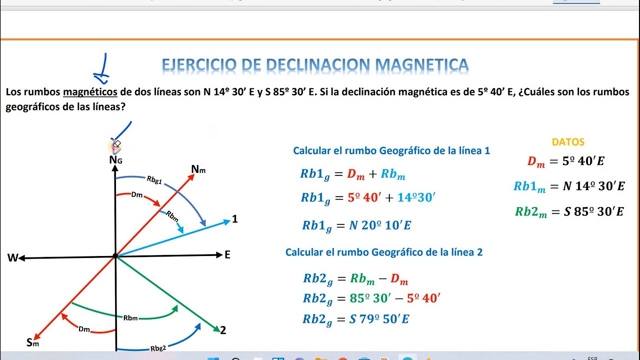 calculo de rumbos magnéticos, calculo de rumbos geográfico y calculo de declinación magnética.