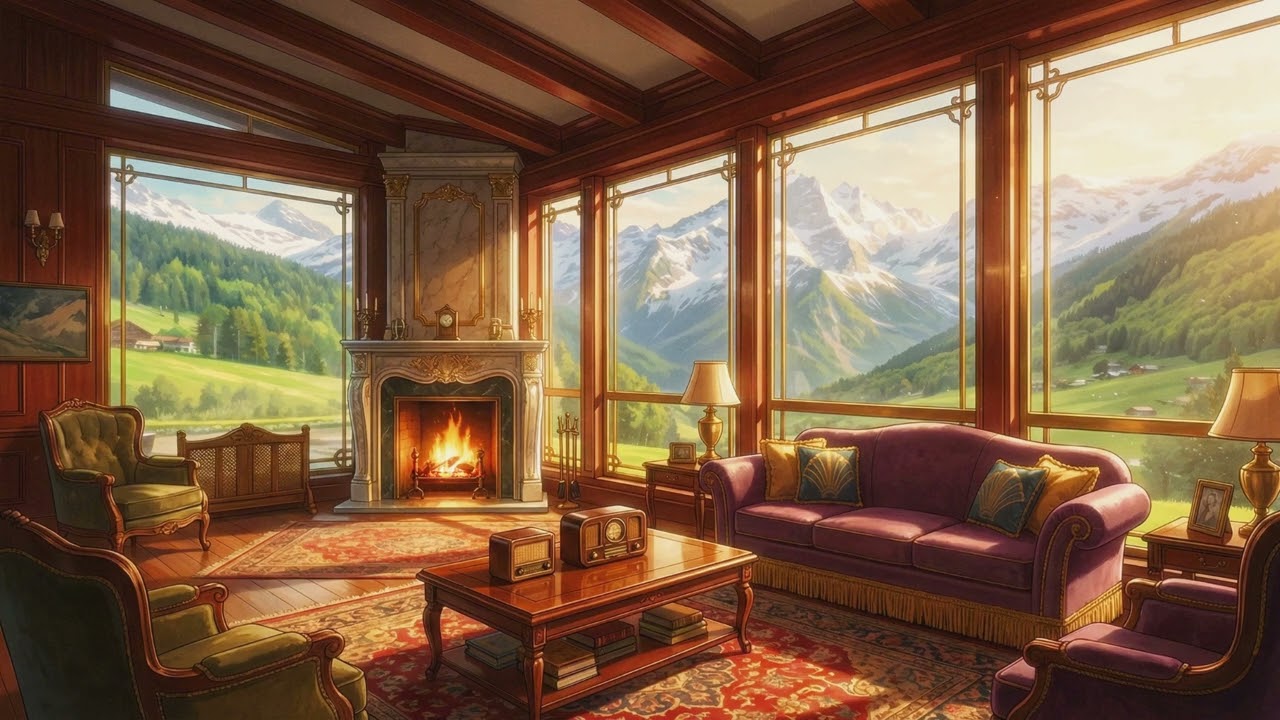 Swiss Alps Cabin, 1940s | Luxury Mountain View & Fireplace Ambience