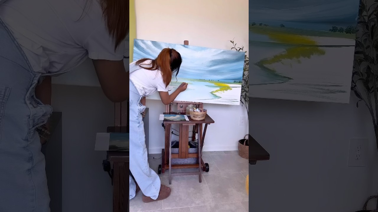 Cloud landscape painting on 24x48 Big Canvas #oilpainting #shorts #shortvideo
