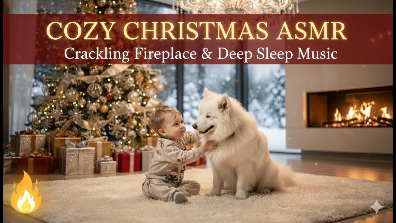 Non-stop 3 HOURS Deep Sleep ASMR Cozy Christmas Fireplace Ambience Crackling Fire & Lullaby Music