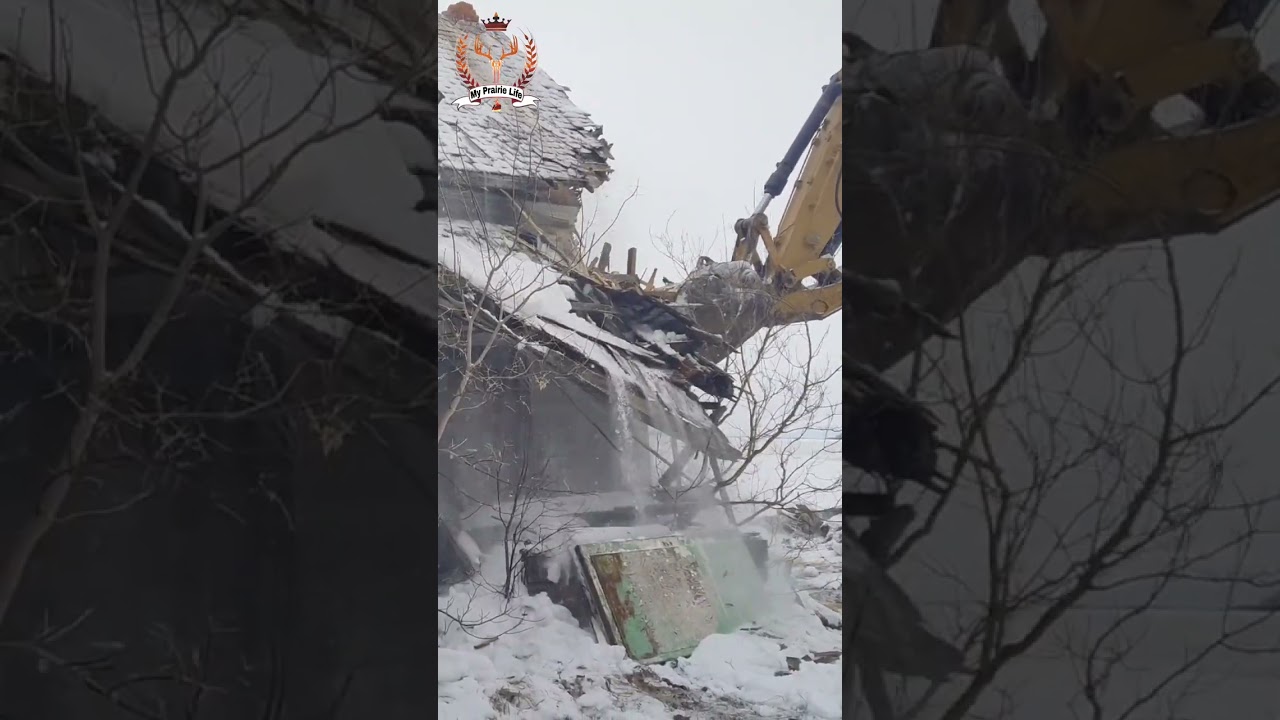 Old Farm House Demolition With Track Hoe