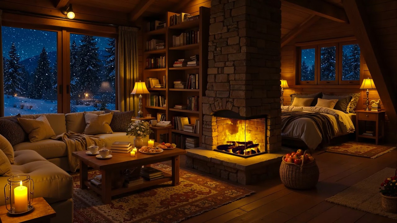 A Peaceful Winter Night in Cozy Cottage | Relaxing Jazz & Fireplace Sounds for Deep Sleep