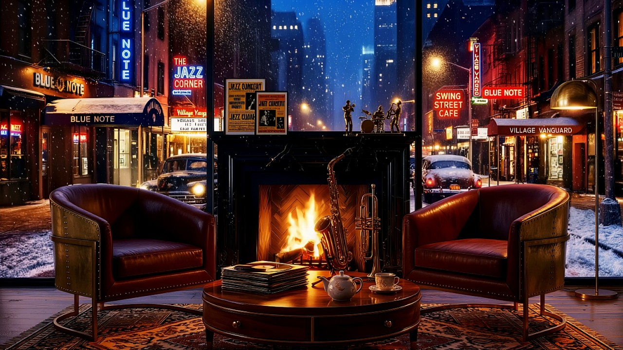 New York Jazz Fireplace Ambience ❄️ Winter Night Café with Crackling Fire & Cozy Jazz Piano