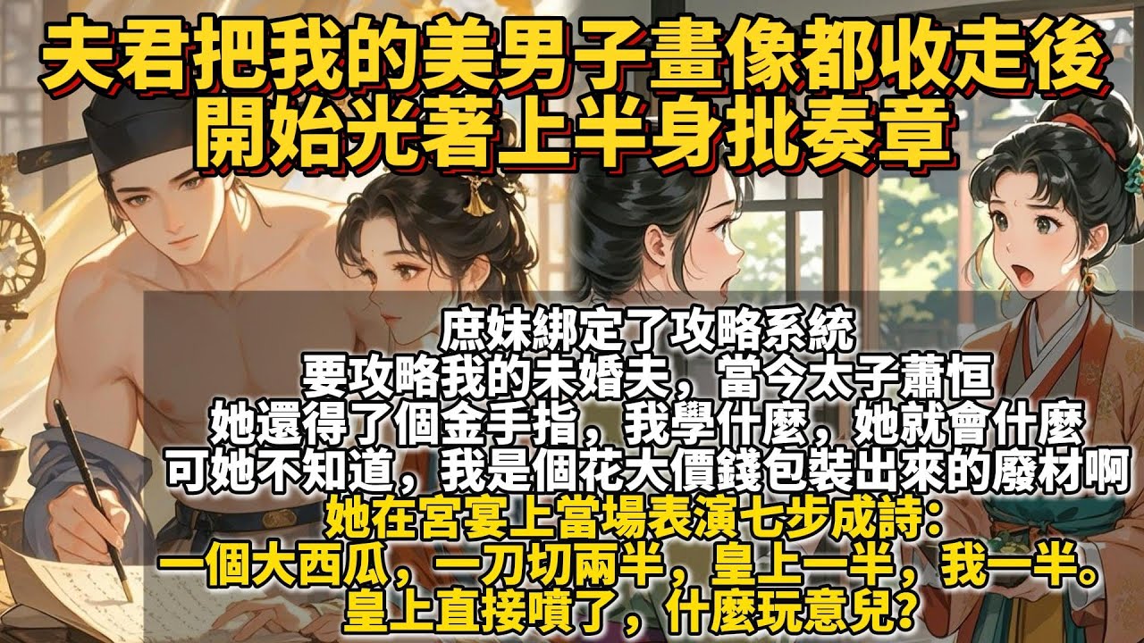完結爽文：夫君把我的美男子畫像都收走後，開始光著上半身批奏章。庶妹綁定了攻略系統，要攻略我的未婚夫，她還得了個金手指，我學什麼，她就會什麼。可她不知道，我是個花大價錢包裝出來的廢材啊。