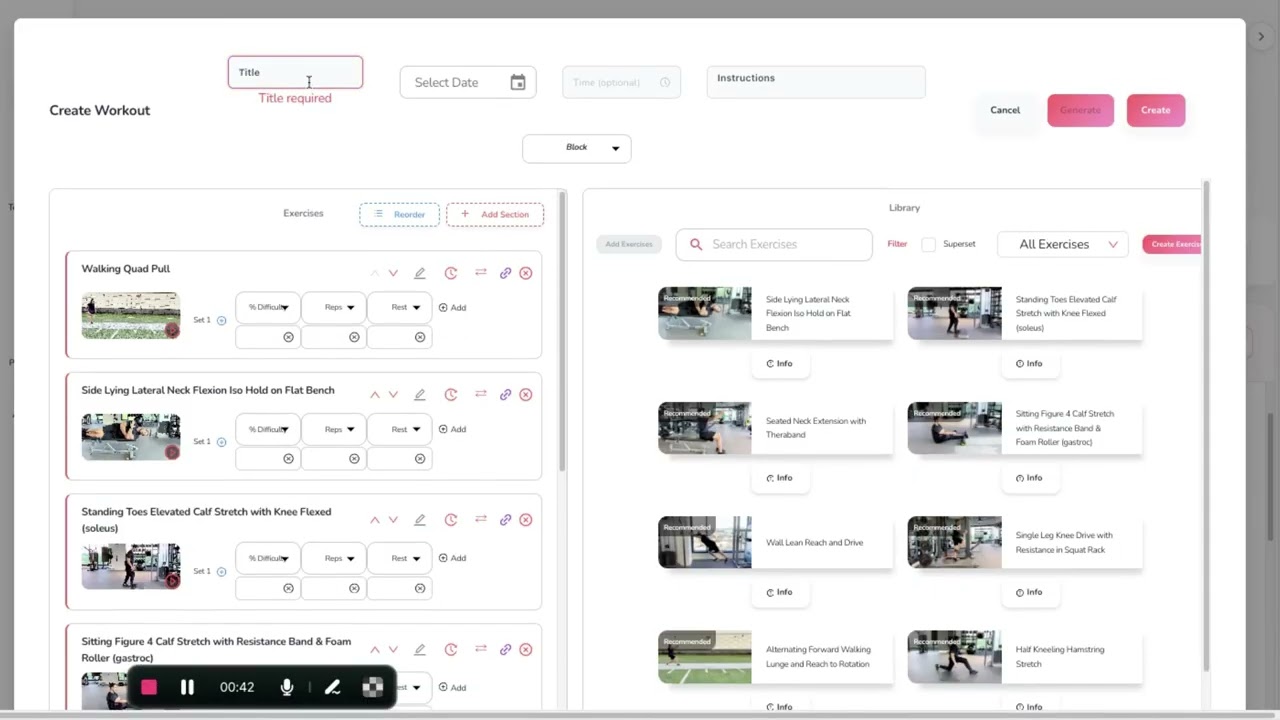 Creating a workout from the recommended exercises on the Web