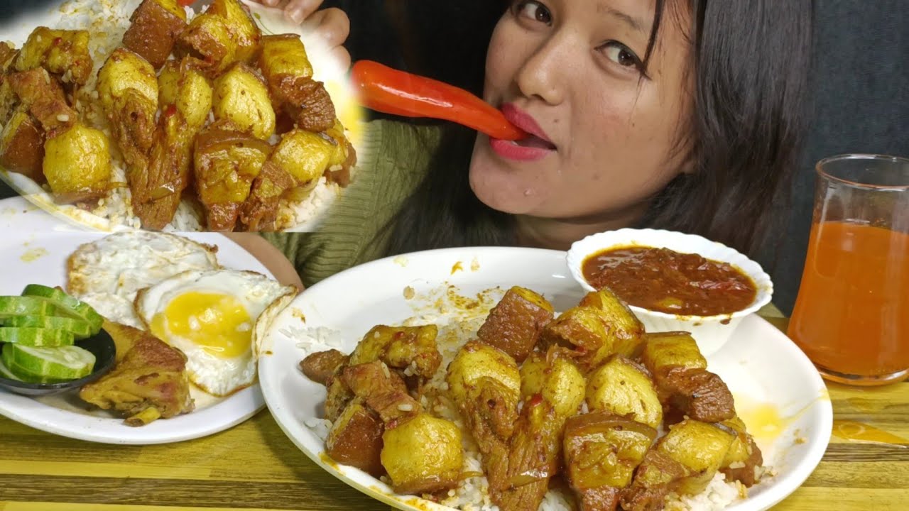 Pork dry fry+ omlette+ fatty pork extra gravy eating show 🤤🤤