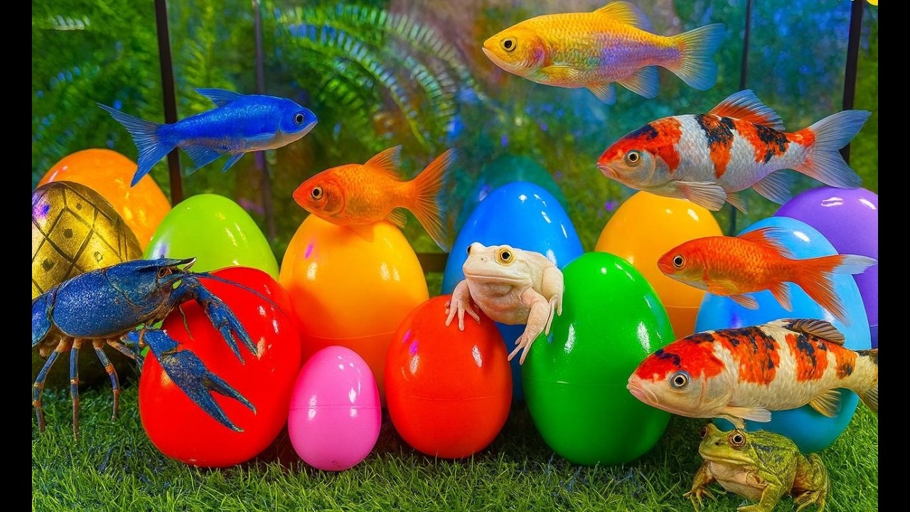 Colorful eggs fish surprise, koi, betta fish, angelfish, butterfly fish, glowfish, goldfish, frog