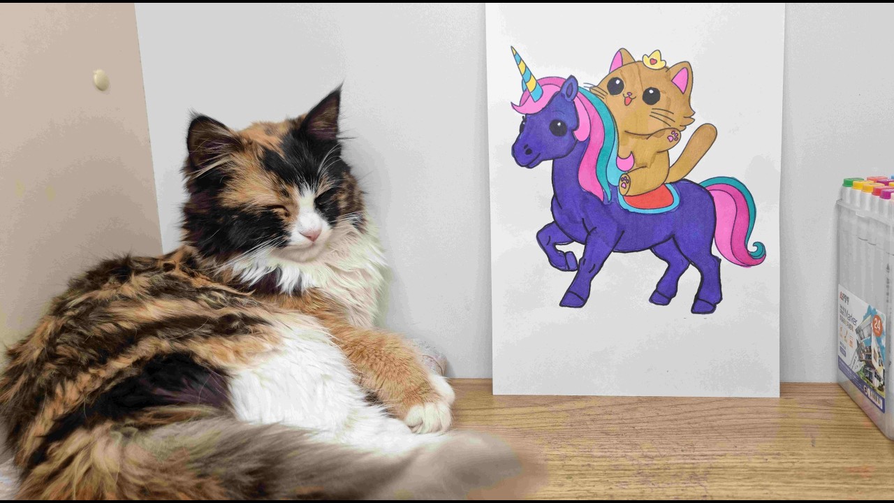 Cute Cat Meets Magic Unicorn 🐱🦄✨  Golden Huntrix Fantasy Art Reveal