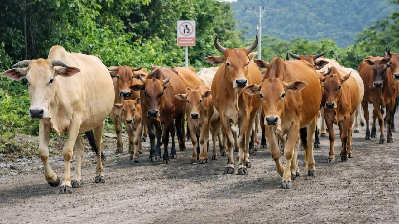 Dozens of tame cows walking happily on the green forest road, cow sound cow Moo 