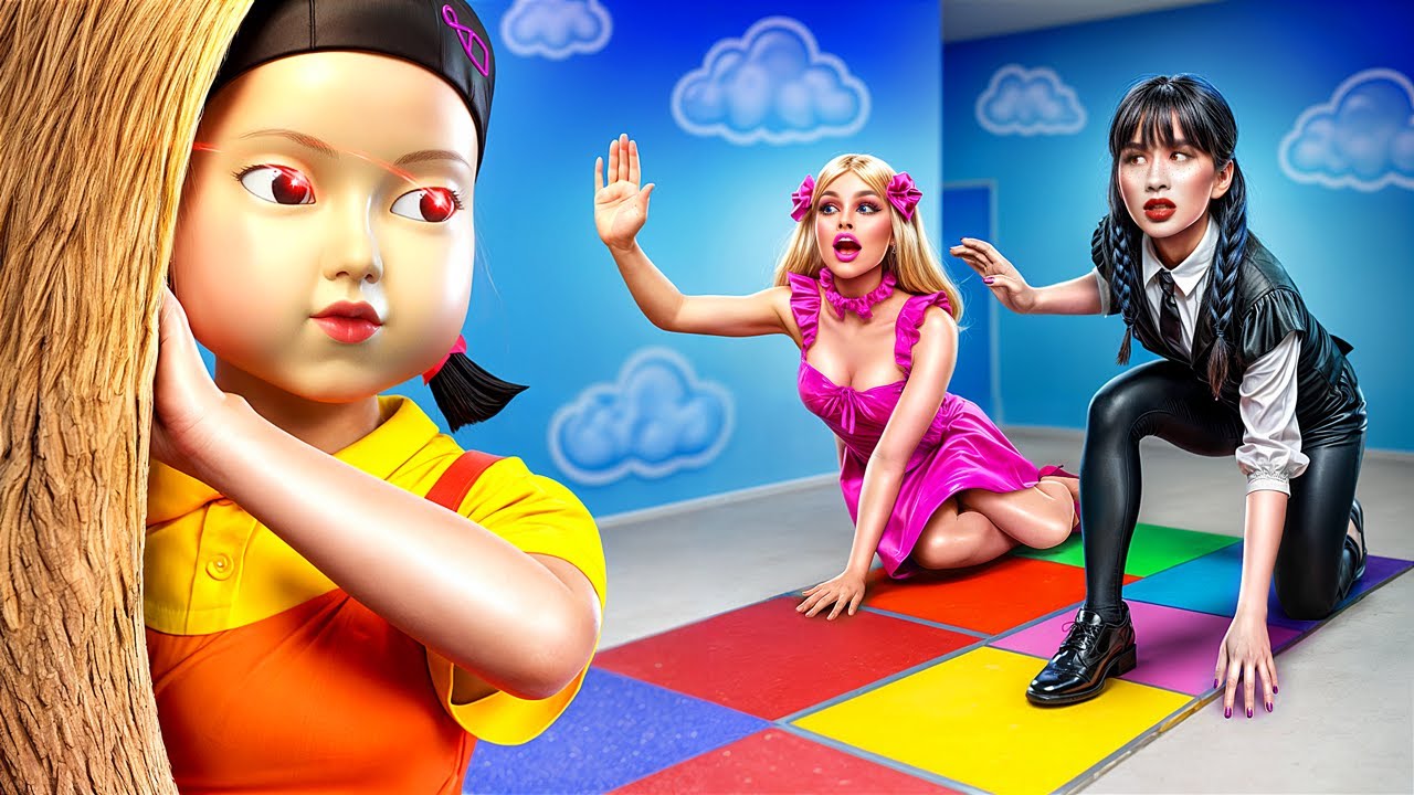 عروسه باربي ضد وينزداي أدامز في سكويد جيم – تحدي في الواقع!