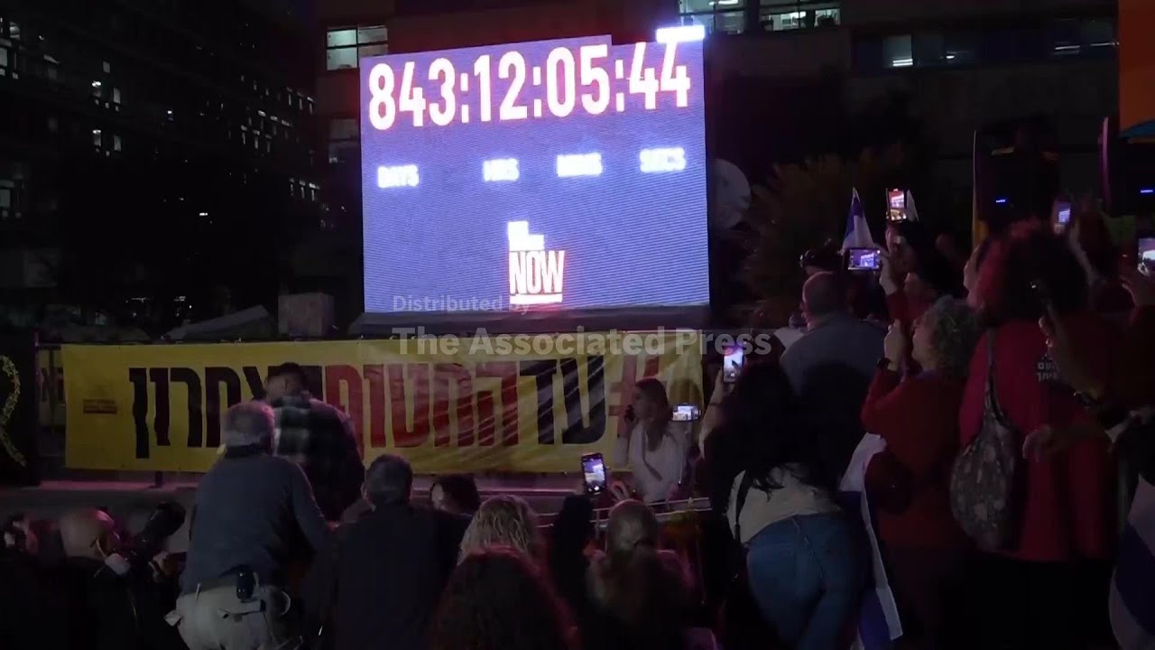 Clock tracking duration of hostages’ captivity stopped in Tel Aviv square