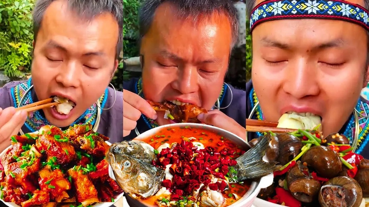 【ASMR MUKBANG】The guy challenged the super spicy food, stir-fried Fushou snail chicken