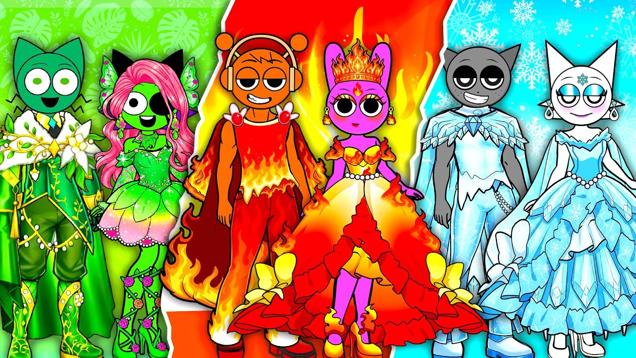 Elements Fashion Challenge:  NATURE vs FIRE vs ICE Couples | DIY Fashion Sprunki Paper Doll