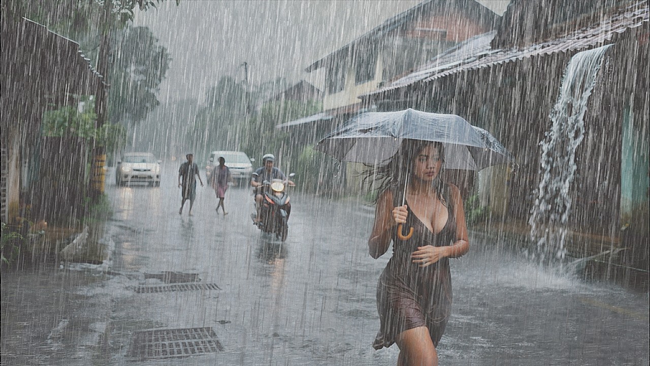 Heavy Rain, Thunderstorms, and Strong Winds Hit Indonesian Streets During the Day | ASMR Rain Sounds
