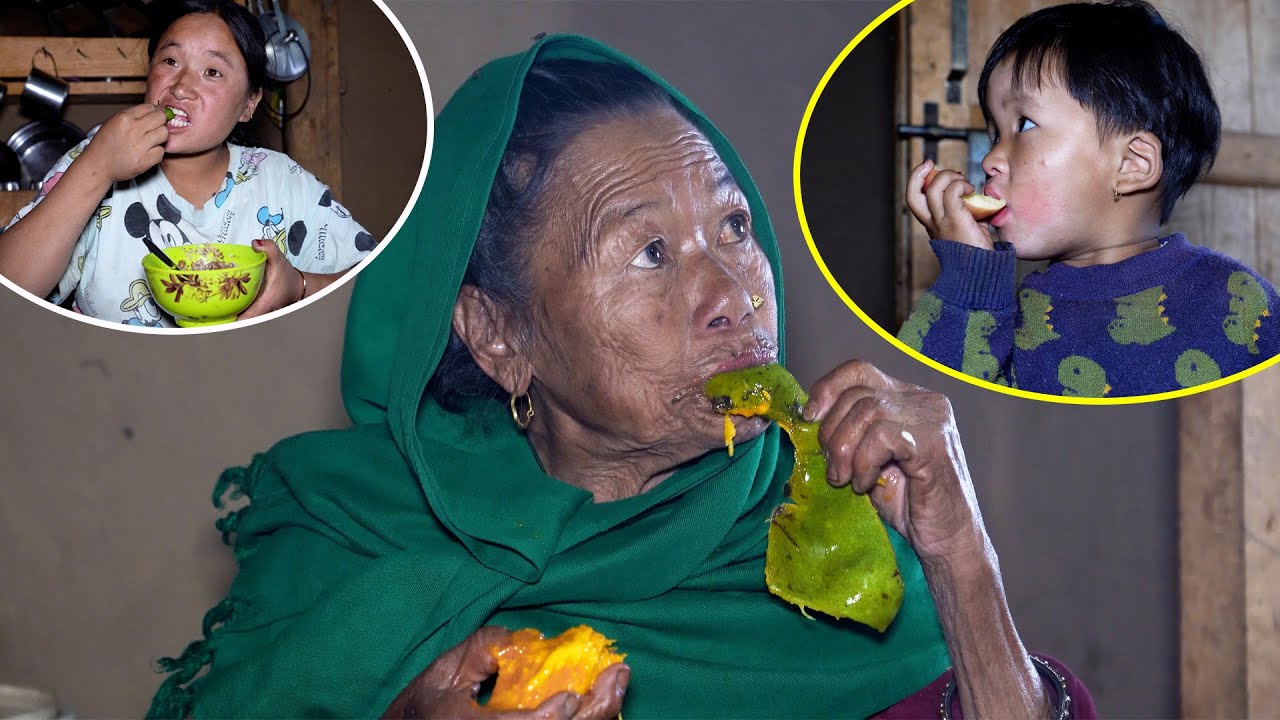 Village grand mom having fruits in Jina's home II Jonson loves fruits@Pastoral  Life of Nepal
