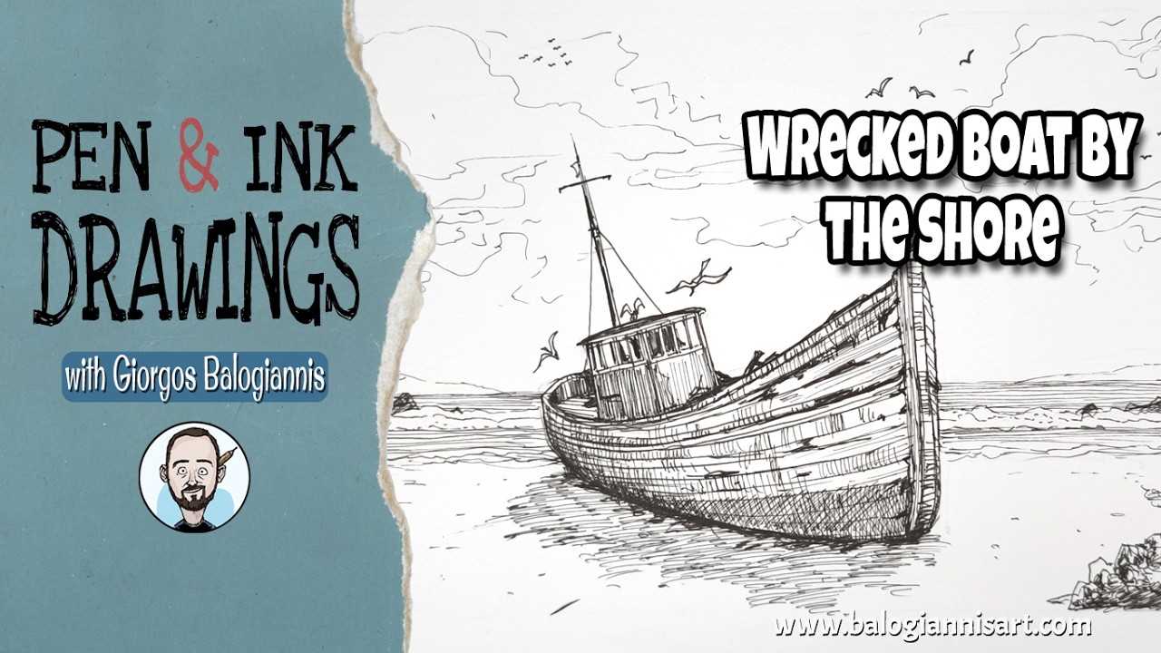 Wrecked Boat by the Shore Ink Drawing – Speed Art Tutorial