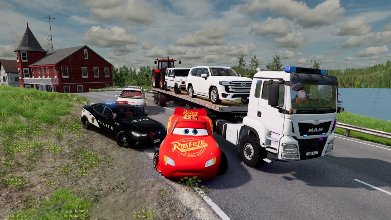 Triple Flatbed Trailer McQueen Transportation with Truck - Speedbumps vs Cars vs Train - BeamNG #1