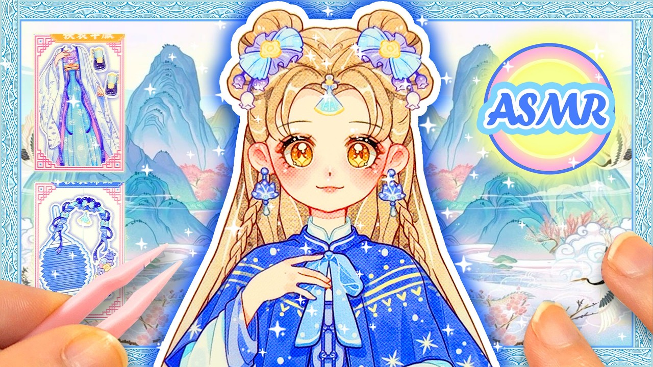 ASMR Sticker Peeling 💙 Blue Traditional Girl Dress Up | Calm Paper Sounds | DIY Quiet Book
