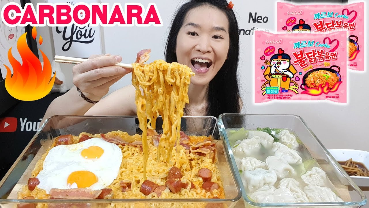 СЫР!! Лапша «Карбонара» с беконом, яйцами и свиными пельменями | Шоу по поеданию острого рамена M...