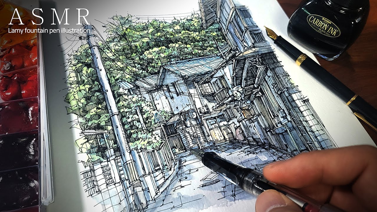 【ASMR】 만년필로 그림 그리는 소리 SOUND and DRAWING by a Lamy fountain pen / tranquil countryside. (No Talking)
