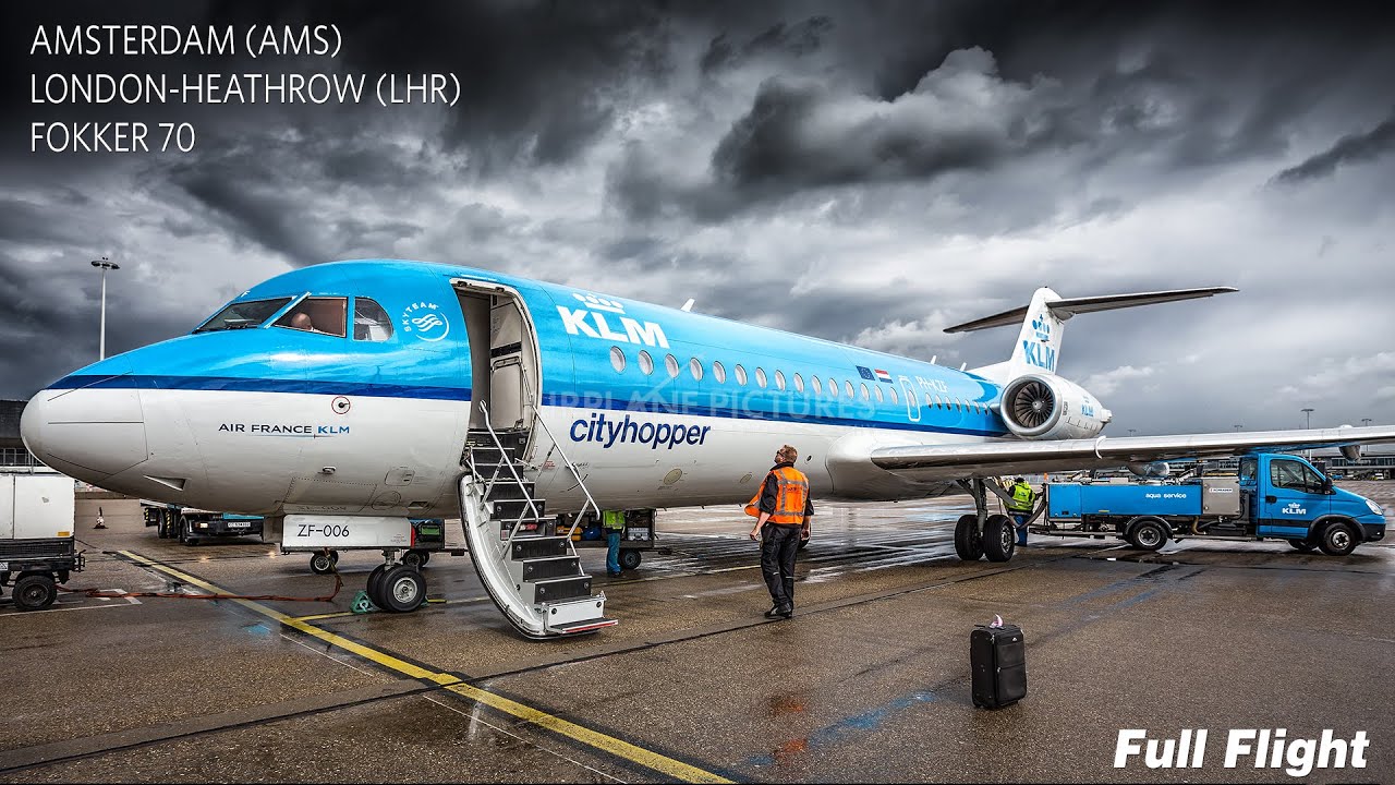 KLM Полный полет | Амстердам в Лондон Хитроу | Fokker 70 ** С ATC **