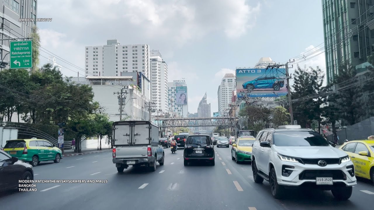 DRIVING BANGKOK THAILAND 4K - MODERN RATCHATHEWI SKYSCRAPERS & MALLS - AMBIENT DRIVE TV