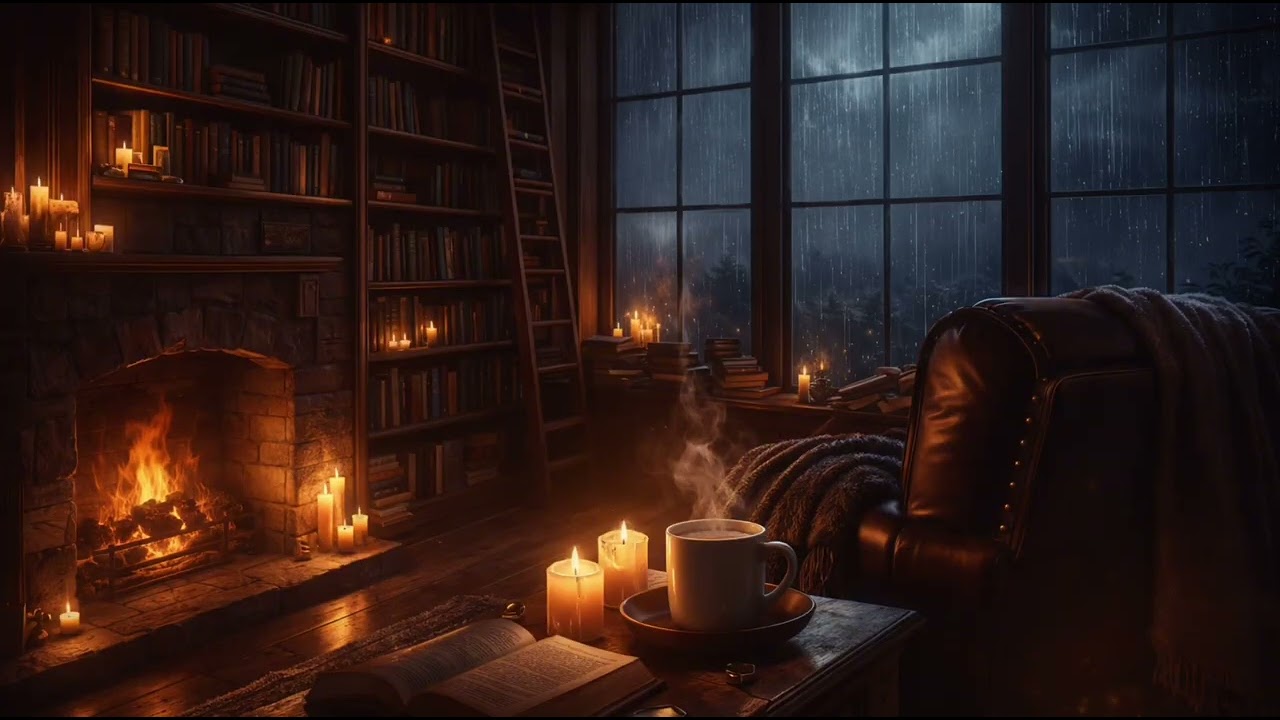 Stormy Library Loft Ambience 🌧️ Heavy Rain, Wind & Fireplace | Cozy Night for Study, Reading & Sleep
